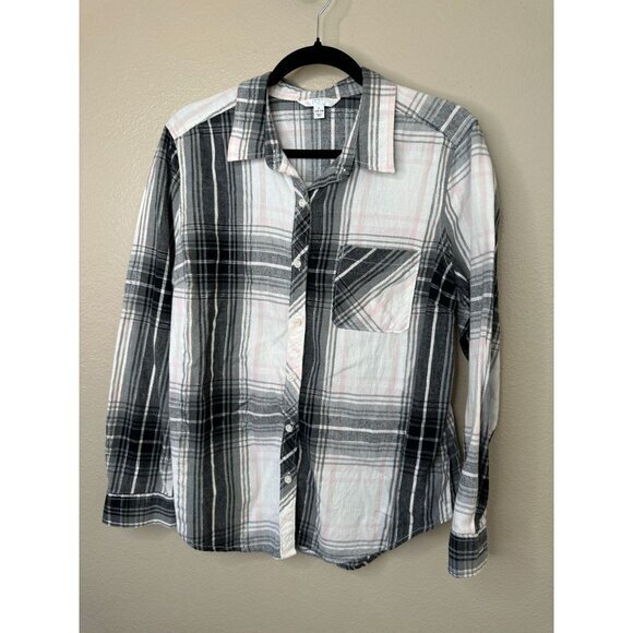 Time & Tru Womens Black White Blouse Large button up long sleeve collared cotton - Picture 2 of 7